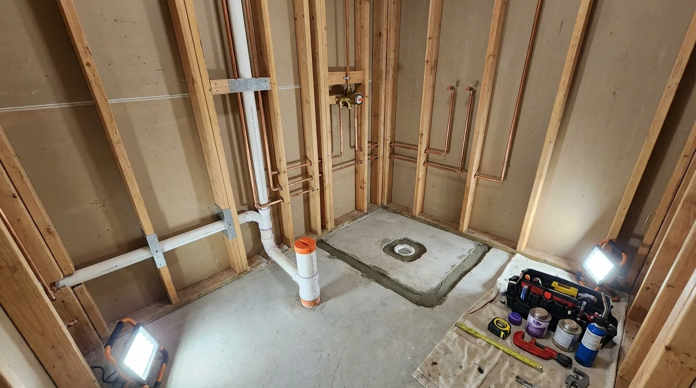 Bathroom rough-in plumbing during remodel by Johns Plumbing LLC in Holton