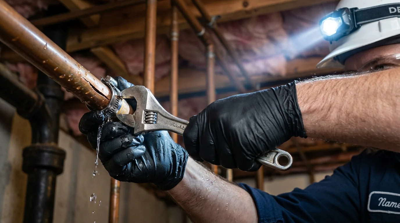 Emergency pipe clamp repair being performed by a Johns Plumbing LLC plumber in Holton