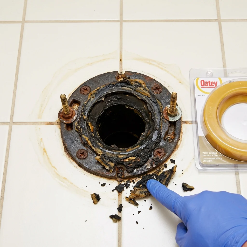 Failed wax ring showing water seepage at the base of a toilet in a Holton, KS home