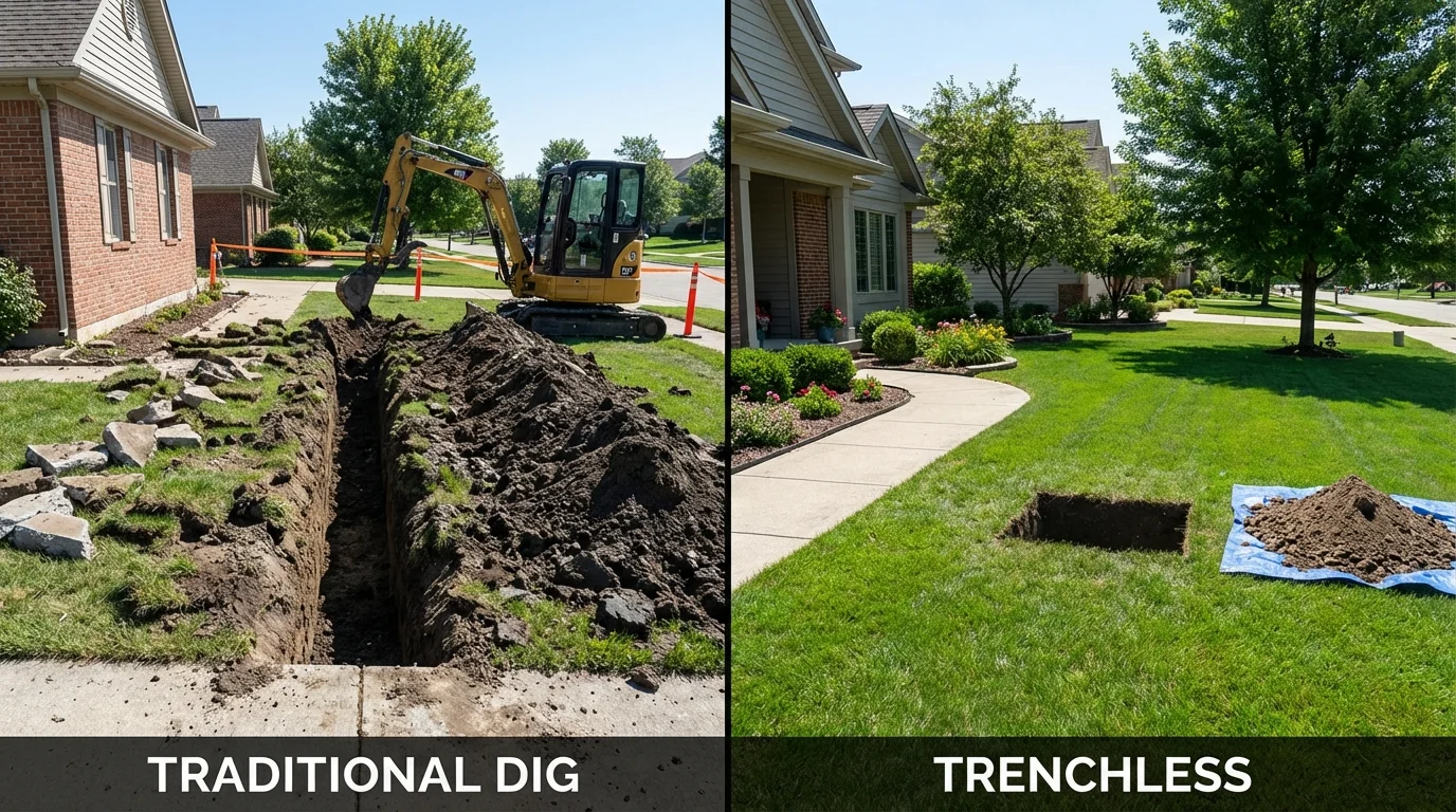 Trenchless sewer repair with minimal yard damage versus traditional excavation in Holton, KS