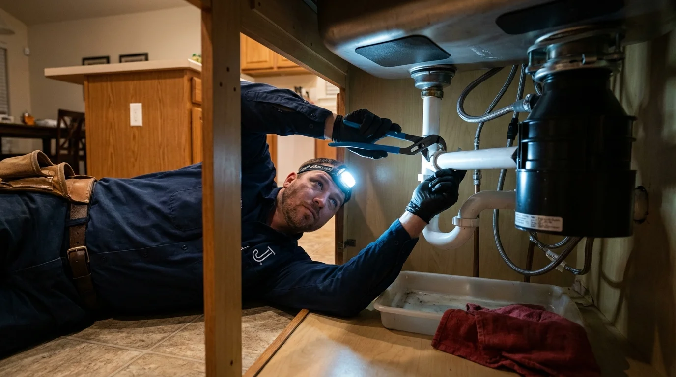 P-trap and supply line connections under a kitchen sink showing a common leak point in Holton, KS